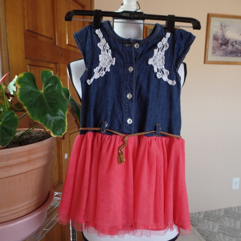 Girls' Denim Dress with Tulle and Braided Belt